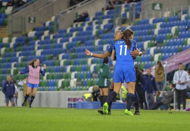20th August 2017, Windsor Park, Belfast, Northern Ireland; Womens U19s European Championship EM Europameisterschaft Final; Spain versus France; Emelyne Laurent of France celebrates her goal with teammate Cindy Caputo xNigelxCookex  ActionPlus11919306