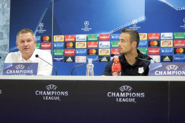 UEFA Champions League Play-offs - 2nd leg - HNK Rijeka press conference PK Pressekonferenz 21.08.2017., Rijeka, Croatia - Rijeka s coach Matjaz Kek and player Zoran Kvrzic during a press conference about the second leg of Champions League s qualifer match between HNK Rijeka and Olympiacos F.C. in Rijeka, Croatia, 21 August 2017.  NelxPavletic PIXSELL