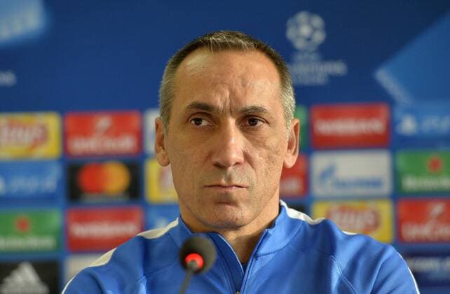 Coach Giorgos Donis of APOEL speaks during press conference PK Pressekonferenz in Prague, Czech Republic, August 22, 2017 prior to the Football Champions League, 4th qualifying round return match: Slavia Prague vs Apoel Nicosia. (CTKxPhoto KaterinaxSulova) CTKPhotoP201708220753701  suk1