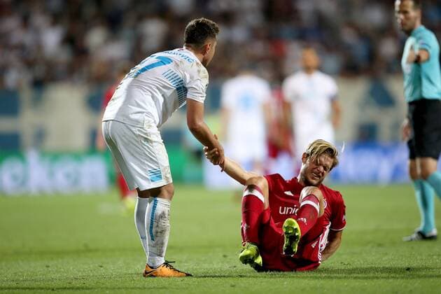 PXL_UEFA Champions League play-off, 2nd leg, HNK Rijeka - FC Olympiacos 22.08.2017., HNK Rijeka Stadium, Rijeka, Croatia - UEFA Champions League play-off, 2nd leg, HNK Rijeka - FC Olympiacos. Mario Gavranovic, Guillaume Gillet.  IgorxKralj PIXSELL