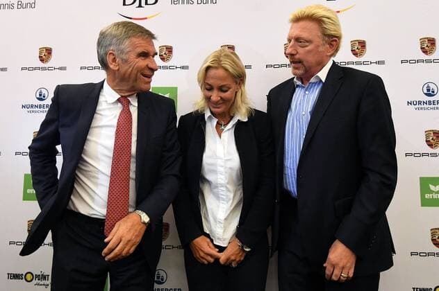 23.08.2017, xjhx, Tennis, Pressekonferenz mit Boris Becker und Barbara Rittner, emspor, v.l. Ulrich Klaus (Praesident DTB), Barbara Rittner (Head of Womans Tennis DTB), Boris Becker (Head of Mens Tennis DTB) Frankfurt am Main