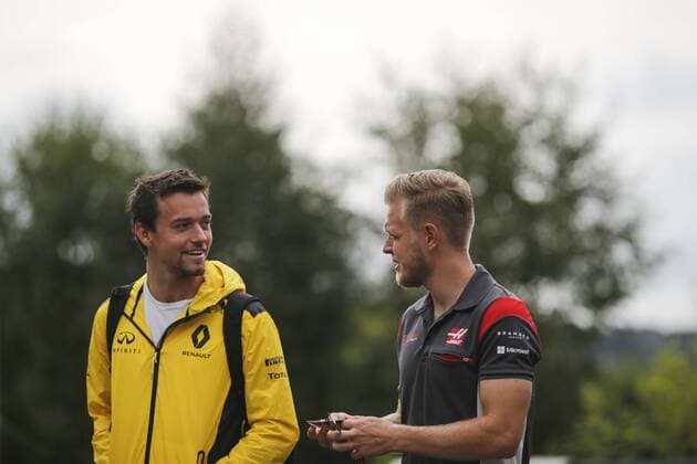 Jolyon Palmer of Great Britain and Renault F1 Team and Kevin Magnussen of Denmark and Haas F1 Team are seen in the paddock during the Formula 1 Grand Prix of Belgium at Circuit de Spa-Francorchamps, Stavelot, Belgium on 24 August 2017. Copyright: xJamesxGasperottix 16370001