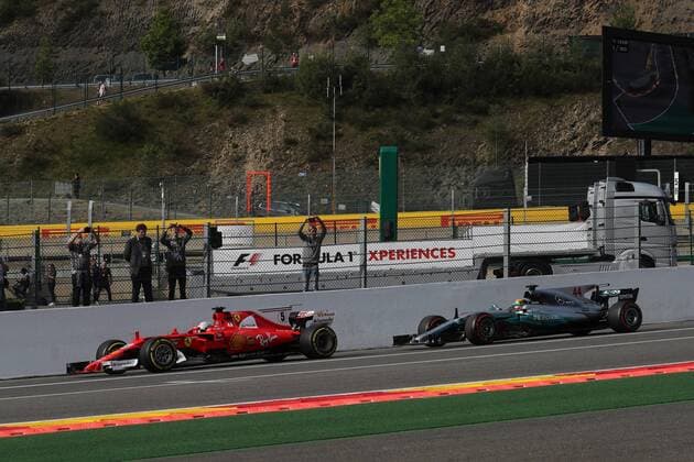 25.08.2017 - Free Practice 1, Sebastian Vettel (GER) Scuderia Ferrari SF70H and Lewis Hamilton (GBR) Mercedes AMG F1 W08 Belgian Grand Prix, Spa-Francorchamps 24 - 27 August 2017 25.08.2017 - Free Practice 1, Sebastian Vettel (GER) Scuderia Ferrari SF70H and Lewis Hamilton (GBR) Mercedes AMG F1 W08 