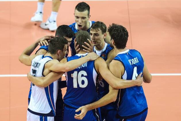 Volleyball EM, Deutschland - Italien August 25, 2017 - Szczecin, Poland - Oleg Antonov (ITA), Luca Vettori (ITA), Fabio Balaso (ITA) celebrate during Volleyball European Championships match between Italy and Germany on 25 August 2017 in Szczecin, Poland. Germany v Italy - Volleyball European Championships  - ZUMAn230 20170825_zaa_n230_365 Copyright: xFotoxOlimpikx