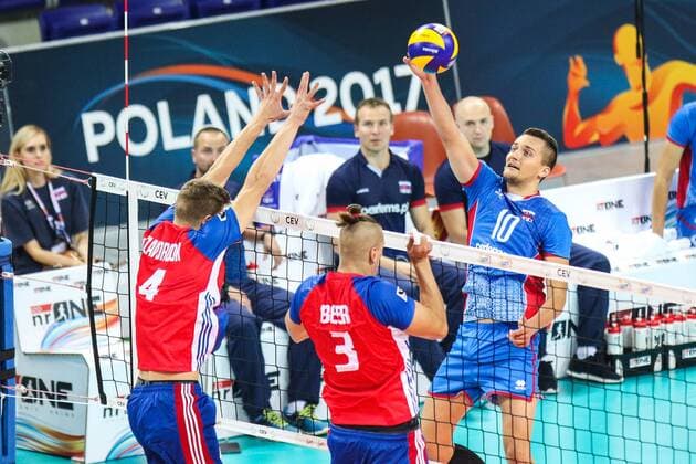 August 25, 2017 - Marcel Lux (SVK),Donovan Dzavoronok (CZE),Marek Beer (CZE) during Volleyball European Championships Poland 2017 match Czech Republic and Slovakia on 25 August 2017 in Szczecin, Poland. Czech Republic v Slovakia - Volleyball European Championships  - ZUMAn230 79891057st Copyright: xFotoxOlimpikx