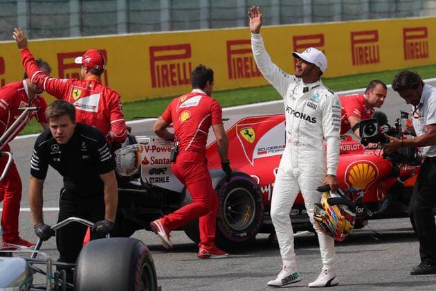 26.08.2017 - Qualifying, 2nd place Sebastian Vettel (GER) Scuderia Ferrari SF70H and Lewis Hamilton (GBR) Mercedes AMG F1 W08 pole position Belgian Grand Prix, Spa-Francorchamps 24 - 27 August 2017 26.08.2017 - Qualifying, 2nd place Sebastian Vettel (GER) Scuderia Ferrari SF70H and Lewis Hamilton (GBR) Mercedes AMG F1 W08 pole position 