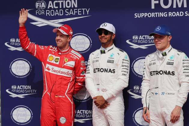 26.08.2017 - Qualifying, 2nd place Sebastian Vettel (GER) Scuderia Ferrari SF70H, Lewis Hamilton (GBR) Mercedes AMG F1 W08 pole position and 3rd place Valtteri Bottas (FIN) Mercedes AMG F1 W08 Belgian Grand Prix, Spa-Francorchamps 24 - 27 August 2017 26.08.2017 - Qualifying, 2nd place Sebastian Vettel (GER) Scuderia Ferrari SF70H, Lewis Hamilton (GBR) Mercedes AMG F1 W08 pole position and 3rd place Valtteri Bottas (FIN) Mercedes AMG F1 W08 