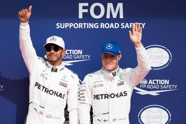 26th August 2017, Circuit de Spa-Francorchamps, Belgium; Belgium Grand Prix, Qualifying Session; Lewis HAMILTON from Great Britain of Mercedes-AMG-Petronas Formula One Team,Mercedes F1 M08 Hybrid, EQ Power+, Valtteri BOTTAS from Finland of Mercedes-AMG-Petronas Formula One Team, Mercedes F1 M08 Hybrid, EQ Power+ poses for the photographers after qualifying session xEricxAlonsox  ActionPlus11921008