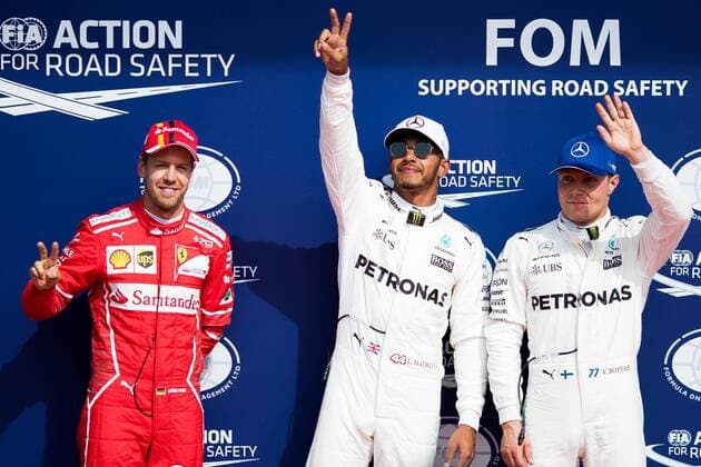 26th August 2017, Circuit de Spa-Francorchamps, Belgium; Belgium Grand Prix, Qualifying Session; Lewis HAMILTON from Great Britain of Mercedes-AMG-Petronas Formula One Team,Mercedes F1 M08 Hybrid, EQ Power+, Valtteri BOTTAS from Finland of Mercedes-AMG-Petronas Formula One Team, Mercedes F1 M08 Hybrid, EQ Power+ and Sebastian VETTEL from Germany of Team Scuderia Ferrari, Ferrari SF70-H, Ferrari 062 engine poses for the photographers after qualifying session xEricxAlonsox ActionPlus11921009