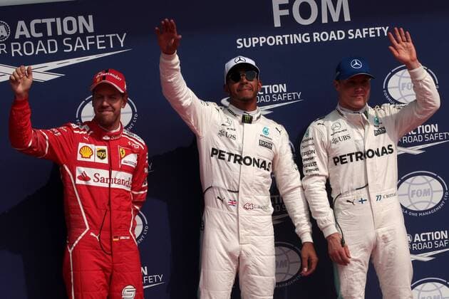26.08.2017 - Qualifying, 2nd place Sebastian Vettel (GER) Scuderia Ferrari SF70H, Lewis Hamilton (GBR) Mercedes AMG F1 W08 pole position and 3rd place Valtteri Bottas (FIN) Mercedes AMG F1 W08 Belgian Grand Prix, Spa-Francorchamps 24 - 27 August 2017 26.08.2017 - Qualifying, 2nd place Sebastian Vettel (GER) Scuderia Ferrari SF70H, Lewis Hamilton (GBR) Mercedes AMG F1 W08 pole position and 3rd place Valtteri Bottas (FIN) Mercedes AMG F1 W08 