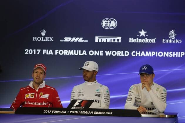 26.08.2017 - Qualifying, press conference PK Pressekonferenz Sebastian Vettel (GER) Scuderia Ferrari SF70H, Lewis Hamilton (GBR) Mercedes AMG F1 W08 and Valtteri Bottas (FIN) Mercedes AMG F1 W08 Belgian Grand Prix, Spa-Francorchamps 24 - 27 August 2017 26.08.2017 - Qualifying, Press conference, Sebastian Vettel (GER) Scuderia Ferrari SF70H, Lewis Hamilton (GBR) Mercedes AMG F1 W08 and Valtteri Bottas (FIN) Mercedes AMG F1 W08 