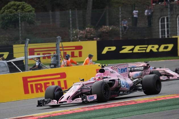 27.08.2017 - Race, Esteban Ocon (FRA) Sahara Force India F1 VJM10 leads Sergio Perez (MEX) Sahara Force India F1 VJM010 Belgian Grand Prix, Spa-Francorchamps 24 - 27 August 2017 27.08.2017 - Race, Esteban Ocon (FRA) Sahara Force India F1 VJM10 leads Sergio Perez (MEX) Sahara Force India F1 VJM010 
