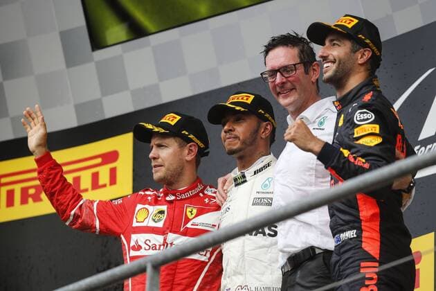 (Left to Right) Sebastian Vettel of Germany and Scuderia Ferrari, Lewis Hamilton of Great Britain and Mercedes AMG Petronas F1 Team and Daniel Ricciardo of Australia and Red Bull Racing during the Formula 1 Grand Prix of Belgium at Circuit de Spa-Francorchamps, Stavelot, Belgium on 27 August 2017. Copyright: xJamesxGasperottix 16370075