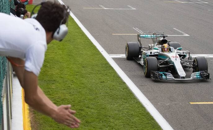 Mercedes British driver Lewis Hamilton crosses the finish line at the Spa-Francorchamps Formula One Grand Prix of Belgium race, in Spa-Francorchamps, Sunday 27 August 2017. BENOITxDOPPAGNE  x05153288x