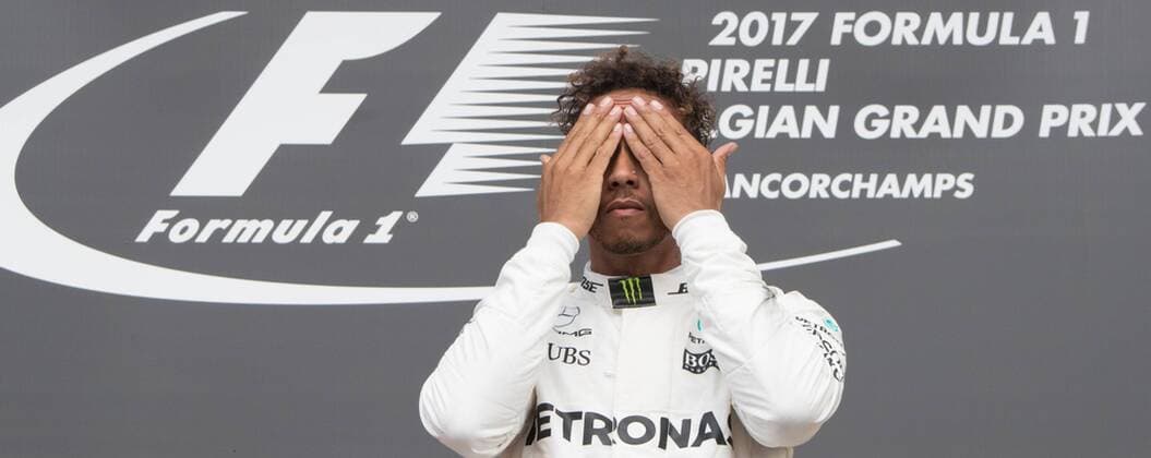 Mercedes British driver Lewis Hamilton celebrates after winning the Spa-Francorchamps Formula One Grand Prix of Belgium race, in Spa-Francorchamps, Sunday 27 August 2017. BENOITxDOPPAGNE  x05153295x