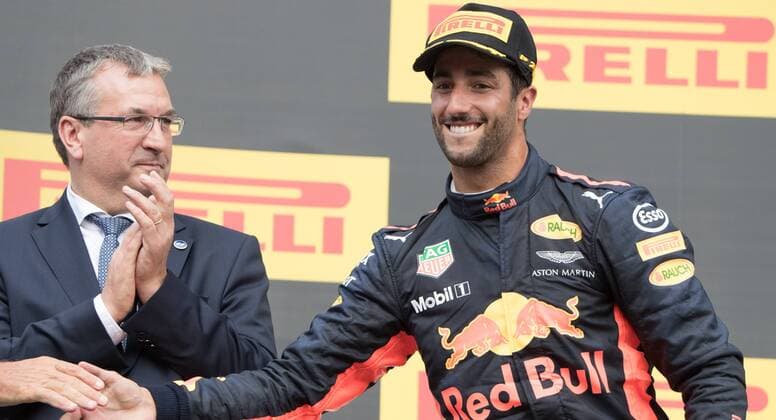 Walloon vice-minister president and minister of Economy, Employment and Formation Pierre-Yves Jeholet congratulates Red Bull s Australian driver Daniel Ricciardo on podium after the Spa-Francorchamps Formula One Grand Prix of Belgium race, in Spa-Francorchamps, Sunday 27 August 2017. BENOITxDOPPAGNE  x05153297x