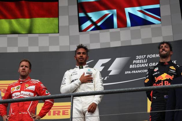 27th August 2017, Circuit de Spa-Francorchamps, Belgium; Belgium Grand Prix, Race Day. Lewis Hamilton - Mercedes AMG Petronas F1 W08 EQ Energy+ wins the Spa GP followed by Sebastian Vettel - Scuderia Ferrari and Daniel Ricciardo - Red Bull Racing RB13 xOctanex  ActionPlus11922512