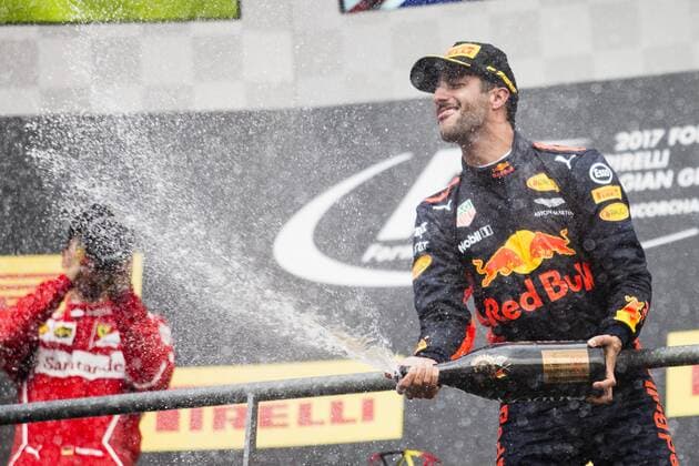 August 27, 2017 - Spa, Belgium - 03 RICCIARDO Daniel from Australia of Red Bull Tag Heuer celebrating his third place during the Formula One Belgian Grand Prix at Circuit de Spa-Francorchamps on August 27, 2017 in Spa, Belgium. F1 Grand Prix of Belgium - Race  - ZUMAn230 20170827_zaa_n230_184 Copyright: xXavierxBonillax