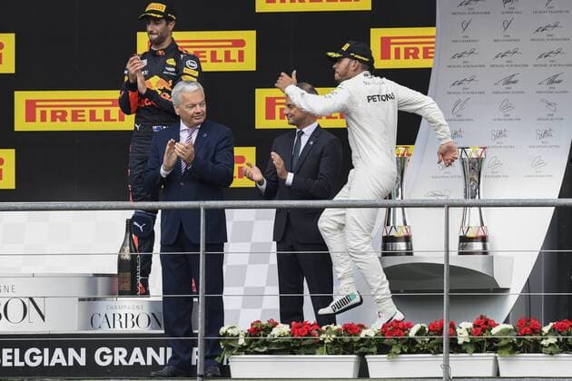 Red Bull s Australian driver Daniel Ricciardo, Vice-Prime Minister and Foreign Minister Didier Reynders and Mercedes British driver Lewis Hamilton pictured during the Spa-Francorchamps Formula One Grand Prix of Belgium race, in Spa-Francorchamps, Sunday 27 August 2017. NICOLASxLAMBERT  x05153393x