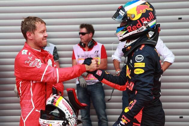 27.08.2017 - Race, 2nd place Sebastian Vettel (GER) Scuderia Ferrari SF70H and 3rd place Daniel Ricciardo (AUS) Red Bull Racing RB13 Belgian Grand Prix, Spa-Francorchamps 24 - 27 August 2017 27.08.2017 - Race, 2nd place Sebastian Vettel (GER) Scuderia Ferrari SF70H and 3rd place Daniel Ricciardo (AUS) Red Bull Racing RB13 