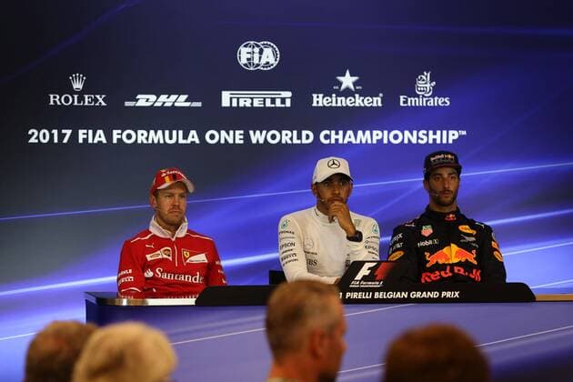 27.08.2017 - Race, press conference PK Pressekonferenz Sebastian Vettel (GER) Scuderia Ferrari SF70H, Lewis Hamilton (GBR) Mercedes AMG F1 W08 and Daniel Ricciardo (AUS) Red Bull Racing RB13 Belgian Grand Prix, Spa-Francorchamps 24 - 27 August 2017 27.08.2017 - Race, Press conference, Sebastian Vettel (GER) Scuderia Ferrari SF70H, Lewis Hamilton (GBR) Mercedes AMG F1 W08 and Daniel Ricciardo (AUS) Red Bull Racing RB13 