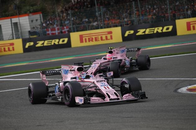 27.08.2017 - Race, Sergio Perez (MEX) Sahara Force India F1 VJM010 leads Esteban Ocon (FRA) Sahara Force India F1 VJM10 Belgian Grand Prix, Spa-Francorchamps 24 - 27 August 2017 27.08.2017 - Race, Sergio Perez (MEX) Sahara Force India F1 VJM010 leads Esteban Ocon (FRA) Sahara Force India F1 VJM10 