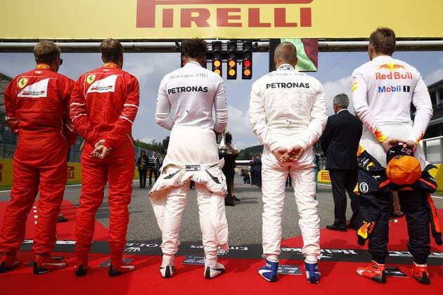 Motorsports: FIA Formula One World Championship WM Weltmeisterschaft 2017, Grand Prix of Belgium, 7 Kimi Raikkonen (FIN, Scuderia Ferrari), 5 Sebastian Vettel (GER, Scuderia Ferrari), 44 Lewis Hamilton (GBR, Mercedes AMG Petronas F1 Team), 77 Valtteri Bottas (FIN, Mercedes AMG Petronas F1 Team), 33 Max Verstappen (NLD, Red Bull Racing), Spa-Francorchamps Belgium xHOCHxZWEIx