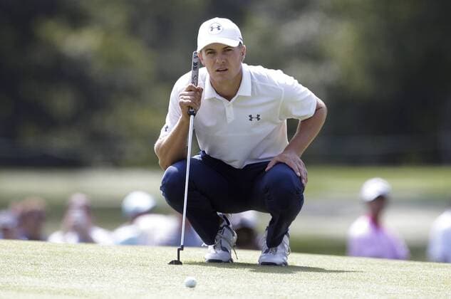 Jordan Spieth lines up a putt on the first hole in the final round of The Northern Trust golf championship at the Glen Oaks Club in Old Westbury, New York on August 27, 2017. Glen Oaks Club is hosting THE NORTHERN TRUST for the first time.  NYP20170827107 JOHNxANGELILLO