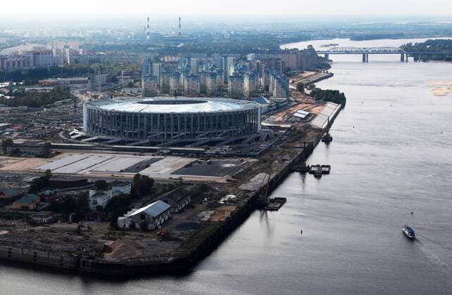 NIZHNY NOVGOROD, RUSSIA - AUGUST 27, 2017: An aerial image of the construction site of Nizhny Novgorod Stadium by the Volga River, which is to host some football matches of the upcoming 2018 FIFA World Cup WM Weltmeisterschaft Fussball Sergei Fadeichev TASS  TS05D242
