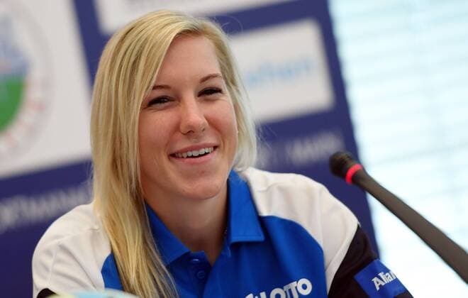 30.08.2017, xjhx, Fussball 1.Bundesliga Frauen, 1. FFC Frankfurt Saisoneroeffnungs-Pressekonferenz Saison 2017 18, emspor v.l. Marith Priessen (1.FFC Frankfurt) Frankfurt am Main