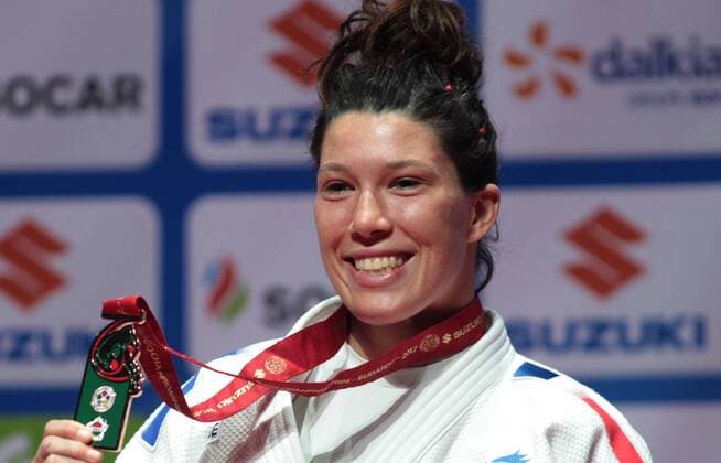 30.08.2017 Budapest(Hungary) Suzuki Judo World Championship WM Weltmeisterschaft -57kg women s medal ceremony Helene Receveaux France bronze medal : 