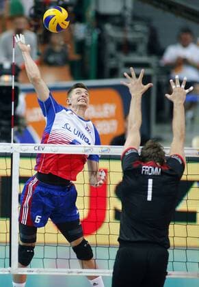 KATOWICE HALA SPODEK 31.08.2017 LOTTO EUROVOLLEY 2017 MECZ MISTRZOSTW EUROPY 2017 SIATKOWKA 1 4 FINALU NIEMCY (czarne) - CZECHY (bialo-niebieskie) NZ Michal Finger , Christian Fromm . FOT TOMASZ WANTULA NEWSPIX.PL KATOWICE SPODEK 31.08.2017 VOLEYYBALL MEN S CHAMPIONSCHIP LOTTO EUROVOLLEY POLAND 2017 QUARTERFINAL GERMANY - CZECH REPUBLIC TOMASZ WANTULA NEWSPIX.PL --- Newspix.pl  170831WAN010