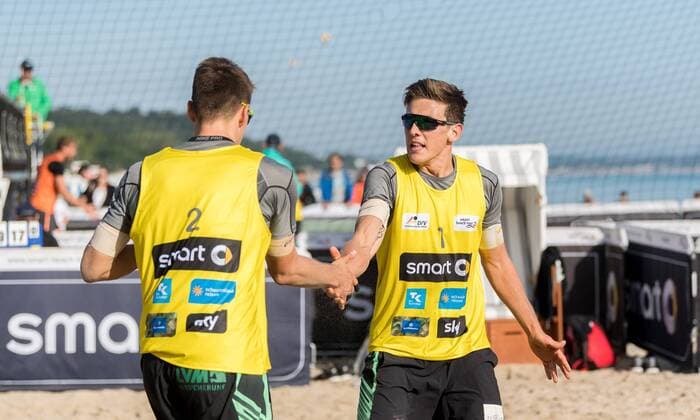 Deutsche smart Beach-Volleyball Meisterschaften Timmendorfer-Strand am 01.09.2017 David Poniewaz (USC Muenster), Bennet Poniewaz (USC Muenster); Deutsche smart Beach-Volleyball Meisterschaften am 01.09.2017, Ahmann-Hager-Arena, Timmendorfer-Strand. xPWx