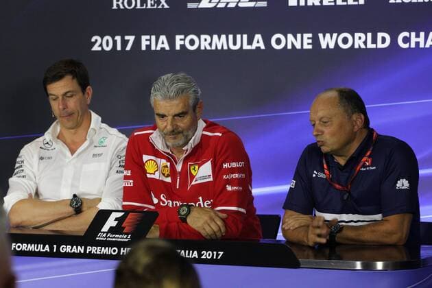 01.09.2017- Friday press conference PK Pressekonferenz L to R Toto Wolff (AUT) Sporting Director Mercedes-Benz, Maurizio Arrivabene (ITA) Ferrari Team Principal and Frederic Vasseur (FRA) Sauber F1 Team Italian Grand Prix, Monza 31 August - 03 September 2017 01.09.2017- Friday Press Conference, L to R Toto Wolff (AUT) Sporting Director Mercedes-Benz, Maurizio Arrivabene (ITA) Ferrari Team Principal and Frederic Vasseur (FRA) Sauber F1 Team 