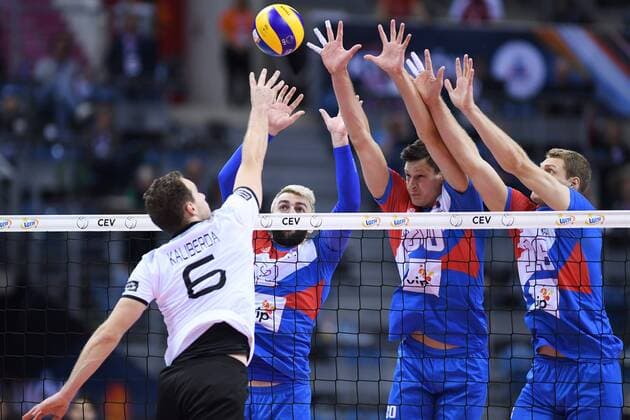 2017.09.02 Krakow Siatkowka , Mistrzostwa Europy mezczyzn 2017 , LOTTO Eurovolley Poland 2017 Serbia - Niemcy N z Denys Kaliberda of Germany and Uros Kovacevic, Srecko Lisinac, Drazen Luburic of Serbia Foto Krzysztof Porebski PressFocus 2017.09.02 Krakow Volleyball , CEV Volleyball European Championship EM Europameisterschaft - Men , LOTTO Eurovolley Poland 2017 Serbia - Germany Denys Kaliberda of Germany and Uros Kovacevic, Srecko Lisinac, Drazen Luburic of Serbia Credit: Krzysztof Porebski PressFocus NEWSPIX.PL --- Newspix.pl FRANCE OUT!  20170902PF_KP071