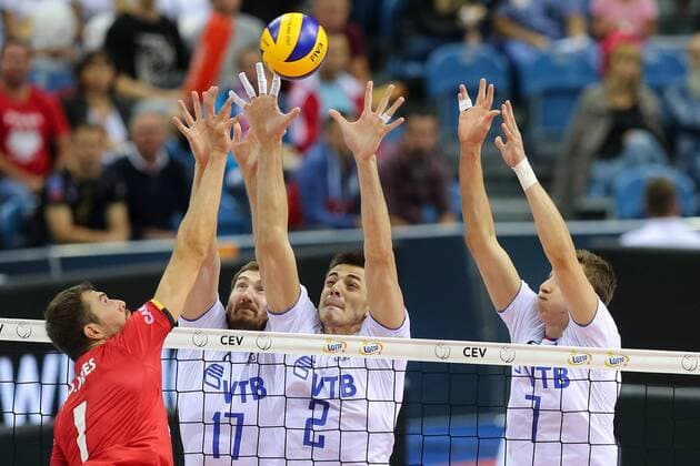September 2, 2017 - Krakow, Poland - Bram Van Den Dries (BEL), Maxim Mikhailov (RUS), Ilia Vlasov (RUS), Dmitrii Volkov (RUS), during European Volleyball Championship semi-final match between Russia and Belgium in Krakow, Poland, on 2 September 2017. Russia team won 3-0 and goes to final. Russia v Belgium - European Volleyball Championship semi-final  - ZUMAn230 20170902_zaa_n230_546 Copyright: xFotoxOlimpikx