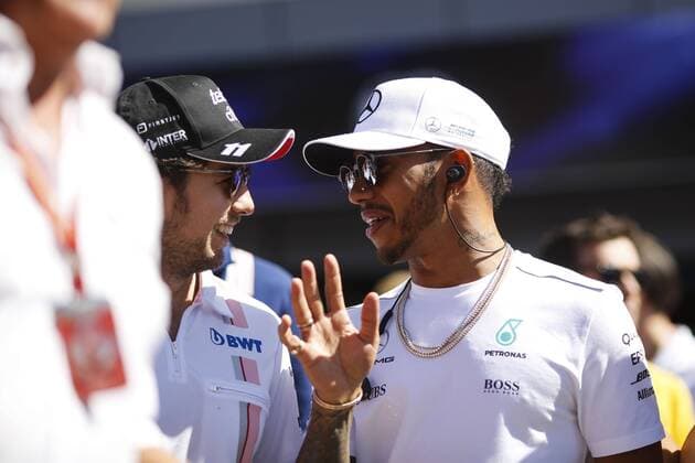 (Left to right) Sergio Perez of Mexico and Sahara Force India F1 team and Lewis Hamilton of Great Britain and Mercedes AMG Petronas F1 Team during the Formula 1 Grand Prix of Italy at the Autodromo di Monza, Monza, Italy on 3 September 2017. Copyright: xJamesxGasperottix 16380067