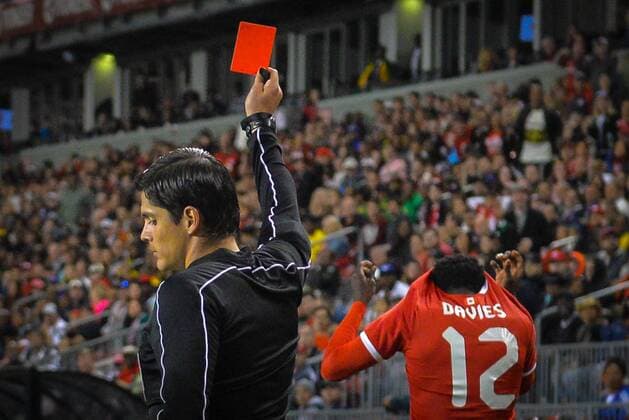 September 3, 2017 - Toronto, Ontario, Canada - Referee shows red card to Alphonso Davies during the Canada-Jamaica MenÃ¢â‚¬â ¢s International Friendly Länderspiel match at BMO Field in Toronto, Canada, on 2 September 2017. Canada-Jamaica Men™s International Friendly match  - ZUMAn230 20170903_zaa_n230_063 Copyright: xAnatoliyxCherkasovx