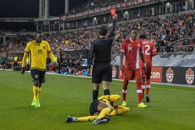 September 3, 2017 - Toronto, Ontario, Canada - Referee shows red card to Alphonso Davies during the Canada-Jamaica MenÃ¢â‚¬â ¢s International Friendly Länderspiel match at BMO Field in Toronto, Canada, on 2 September 2017. Canada-Jamaica Men™s International Friendly match  - ZUMAn230 20170903_zaa_n230_064 Copyright: xAnatoliyxCherkasovx