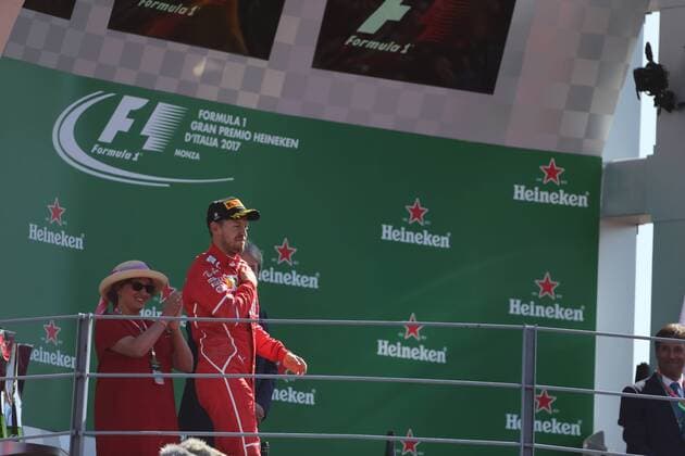 Formel 1, GP Italien, Siegerehrung 03.09.2017- Podium, 3rd Sebastian Vettel (GER) Scuderia Ferrari SF70H Italian Grand Prix, Monza 31 August - 03 September 2017 03.09.2017- Podium, 3rd Sebastian Vettel (GER) Scuderia Ferrari SF70H 