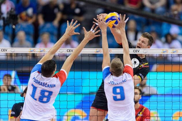 03.09.2017 - Krakow , TAURON Arena Krakow , siatkowka , LOTTO EuroVolley Poland 2017 , Serbia (biale) - Belgia (czarne) , Serbia (white) - Belgium (black) N Z Marko Podrascanin , Nikola Jovovic , Pieter Verhees Fot. Mariusz Palczynski MPAimages.com NEWSPIX.PL --- Newspix.pl FRANCE OUT!  170903PAL004
