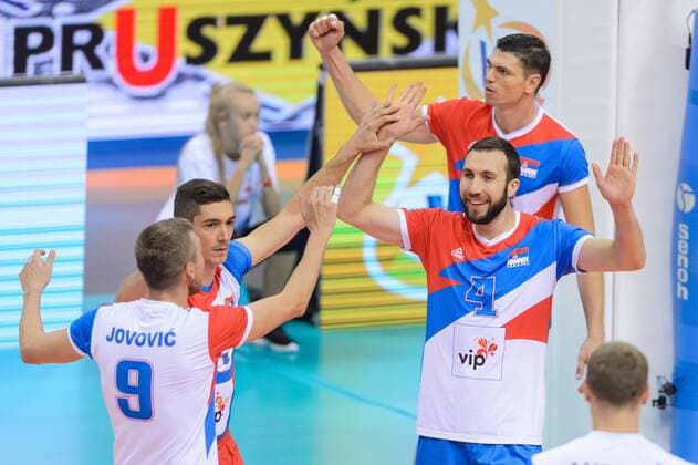 03.09.2017 - Krakow , TAURON Arena Krakow , siatkowka , LOTTO EuroVolley Poland 2017 , Serbia (biale) - Belgia (czarne) , Serbia (white) - Belgium (black) N Z Nikola Jovovic , Nikola Rosic , Nemanja Petric , Marko Podrascanin Fot. Mariusz Palczynski MPAimages.com NEWSPIX.PL --- Newspix.pl FRANCE OUT!  170903PAL019