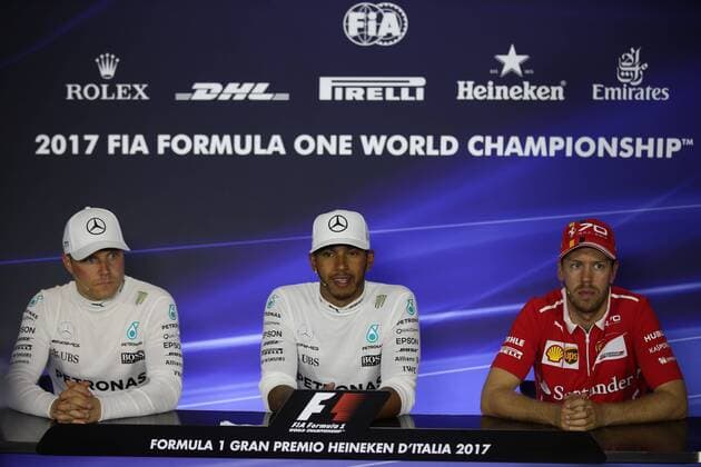 03.09.2017- after race press conference PK Pressekonferenz winner Lewis Hamilton (GBR) Mercedes AMG F1 W08 and 3rd Sebastian Vettel (GER) Scuderia Ferrari SF70H Italian Grand Prix, Monza 31 August - 03 September 2017 03.09.2017- after race Press Conference, winner Lewis Hamilton (GBR) Mercedes AMG F1 W08 and 3rd Sebastian Vettel (GER) Scuderia Ferrari SF70H 