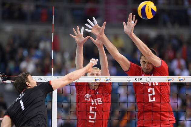 2017.09.03 Krakow Siatkowka , Mistrzostwa Europy mezczyzn 2017 , final , LOTTO Eurovolley Poland 2017 Niemcy - Rosja N z Christian Fromm of Germany and Sergey Grankin, Ilia Vlasov of Russia Foto Krzysztof Porebski PressFocus 2017.09.03 Krakow Volleyball , CEV Volleyball European Championship EM Europameisterschaft - Men final , LOTTO Eurovolley Poland 2017 Germany - Russia Christian Fromm of Germany and Sergey Grankin, Ilia Vlasov of Russia Credit: Krzysztof Porebski PressFocus NEWSPIX.PL --- Newspix.pl FRANCE OUT!  20170903PF_KP306