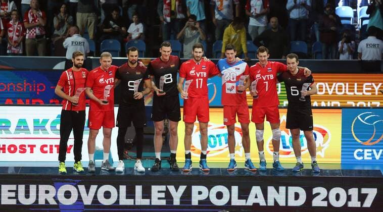 Krakow , Tauron Arena 03.09.2017 siatkowka Mistrzostwa Europy CEV 2017 Final Niemcy - Rosja NZ dream team mistrzostw FOT Michal Nowak Newspix.pl Krakow , Tauron Arena 03.09.2017 sport volleyball 2017 CEV Volleyball European Championship EM Europameisterschaft - Men The final game , golden medal match Germany - Russia photo by Michal Nowak Newspix.pl --- Newspix.pl FRANCE OUT!  170903MIN197