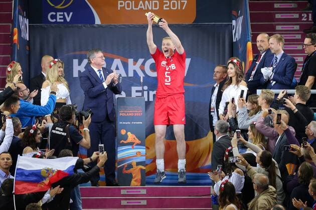 September 3, 2017 - Krakow, Poland - Sergey Grankin (RUS), celebrates with trophy after the final match between Russia and Germany of the 2017 CEV Men s Volleyball European Championship EM Europameisterschaft at Tauron Arena in Krakow, Poland on September 3, 2017. Germany v Russia - European Volleyball Championship final  - ZUMAn230 20170903_zaa_n230_427 Copyright: xFotoxOlimpikx