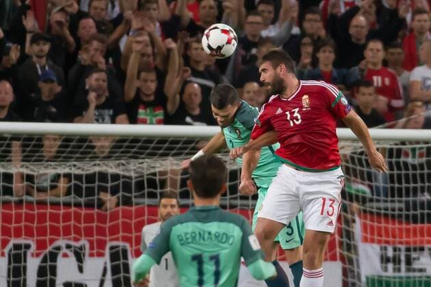 (170904) -- BUDAPEST, Sept. 4, 2017 -- Pepe (L) of Portugal and Daniel Bode (R) of Hungary fight for the ball during the 2018 FIFA World Cup WM Weltmeisterschaft Fussball qualification match between Portugal and Hungary in Budapest, Hungary on Sept. 3, 2017. Portugal defeat Hungary 1-0. ) (SP)HUNGARY-BUDAPEST-FIFA WORLD CUP QUALIFICATION-PORTUGAL VS HUNGARY AttilaxVolgyi 