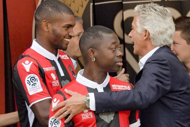 Marlon Santos (OGC Nice) - Nampalys Mendy (OGC Nice) - Jean Pierre Rivere (President de l OGC Nice) FOOTBALL : Presentation nouvelles recrues OGC Nice - Ligue 1 - Nice - 04 09 2017 NorbertScanella Panoramic 