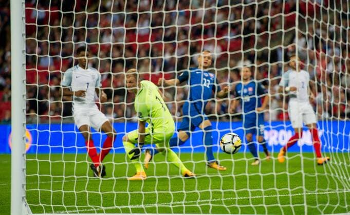 Stanislav Lobotka of Slovakia scores the opening goal during the World Cup 2018 Qualifiers Group F match between England and Slovakia at Wembley Stadium, London, England on 4 September 2017. Copyright: xSalvioxCalabresex 16520001