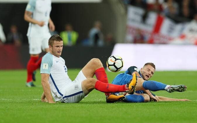 England s Eric Dier tussles with Slovakia s Milan Skriniar during the World Cup Qualifier match at Wembley Stadium, London. Picture date 4th September 2017. Picture credit should read: David Klein Sportimage EDITORIAL USE ONLY. No use with unauthorised audio, video, data, fixture lists, club league logos or live services. Online in-match use limited to 120 images, no video emulation. No use in betting, games or single club league player publications.